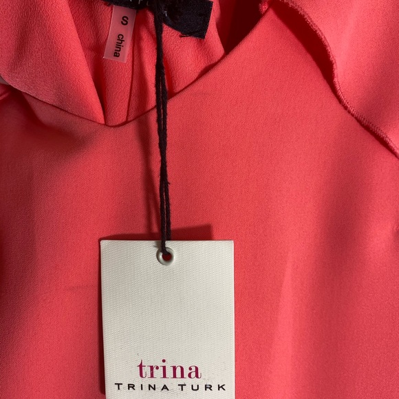 NWT Trina Turk pink ruffle v-neck open back cold shoulder mini dress - Picture 8 of 8